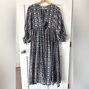 Dolma Mylah Midi Dress 100% Cotton Block Printed Gray Pink Cottagecore Size S